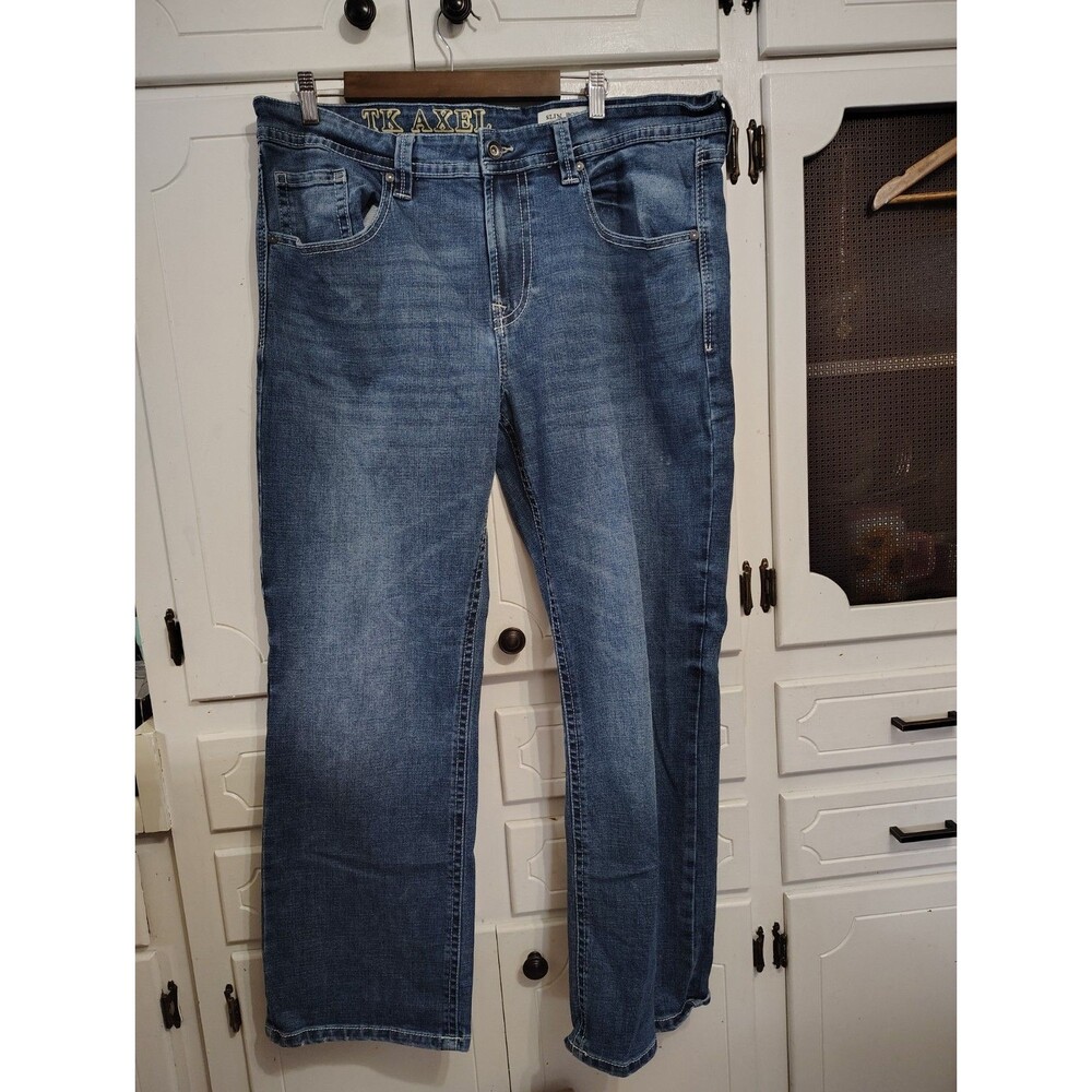 Mens TK Axel Jeans Size 38 X 32 Slim Boot Cut Stretch Medium Wash